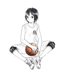 Rule 34 | 1girl, aharan, bad id, bad pixiv id, ball, basketball, basketball (object), black hair, full body, knee pads, monochrome, original, shoes, short hair, simple background, sketch, sneakers, solo, sportswear, spot color, white background