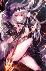 Rule 34 | 10s, 1girl, armor, bare shoulders, boots, breasts, camisole, cleavage, dark jeanne, feather hair ornament, feathers, flower, gloves, granblue fantasy, feather hair ornament, hair flower, hair ornament, jeanne d&#039;arc (granblue fantasy), myusha, red eyes, silver hair, skirt, solo, sword, weapon