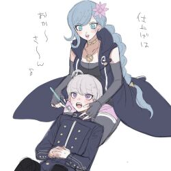 Rule 34 | 1boy, 1girl, :d, ahoge, black dress, blue eyes, blue hair, blue jacket, blush, braid, breasts, cleavage, coat, commentary request, dress, elbow gloves, embarrassed, fingerless gloves, flower, fubuki clockford, gloves, grey hair, hair flower, hair ornament, holding, holding toothbrush, hood, hooded coat, jacket, jewelry, lap pillow, large breasts, long hair, long sleeves, looking at another, lying, master detective archives: rain code, medium breasts, necklace, on back, open mouth, own hands together, parimi (tobari), pink flower, purple eyes, seiza, short hair, simple background, single braid, sitting, sleeveless, sleeveless coat, smile, toothbrush, translation request, very long hair, white background, yuma kokohead