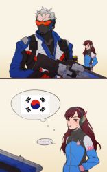 Rule 34 | ..., 1boy, 1girl, 2koma, animal print, assault rifle, bad id, bad pixiv id, black bodysuit, bodysuit, boots, brown eyes, brown hair, candy, character name, clothes writing, comic, covered mouth, d.va (overwatch), ecila, energy gun, explosive, expressionless, eyebrows, facepaint, facial mark, food, gloves, grenade, grey hair, gun, hands in pockets, headphones, holding, holding gun, holding weapon, jacket, jitome, korean flag, lollipop, long hair, long sleeves, mask, mouth hold, mouth mask, overwatch, overwatch 1, pilot suit, rabbit print, red gloves, rifle, scar, short hair, shoulder pads, simple background, soldier: 76 (overwatch), speech bubble, spoken ellipsis, thought bubble, turtleneck, visor, weapon, whisker markings, white gloves
