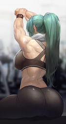 Rule 34 | 1girl, arknights, arms up, ass, breasts, from behind, green hair, highres, horns, hoshiguma (arknights), large breasts, long hair, mo ne, muscular, muscular female, ponytail, sideboob, single horn, sitting, solo, sweat, towel, towel around neck