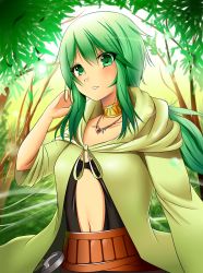 Rule 34 | 1girl, blush, breasts, caam serenity of gusto, calm, silent gusta, collar, duel monster, green eyes, green hair, hikaru49831115, jacket, jewelry, long hair, looking at viewer, matching hair/eyes, midriff, navel, small breasts, solo, yu-gi-oh!