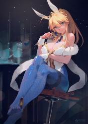 Rule 34 | 1girl, absurdres, animal ears, artist name, artoria pendragon (all), artoria pendragon (fate), artoria pendragon (swimsuit ruler) (fate), bare shoulders, between breasts, between toes, blonde hair, blue eyes, blue necktie, blue pantyhose, breasts, card, chinese commentary, cleavage, closed mouth, commentary request, dear faith, detached collar, fake animal ears, fate/grand order, fate (series), feet, fishnet pantyhose, fishnets, fur trim, hair between eyes, highres, holding, holding card, large breasts, leotard, long hair, navel, necktie, necktie between breasts, pantyhose, pixiv id, playboy bunny, ponytail, sitting, smile, soles, solo, swimsuit