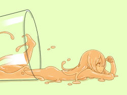 Rule 34 | 1girl, cup, curss, female focus, juice, lying, monster girl, nude, on stomach, orange juice, original, profile, simple background, slime girl, smile, solo, yellow background