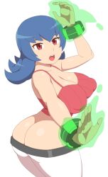 Rule 34 | 1girl, ass, ass focus, belt, blue hair, breasts, butt crack, cleavage, covered erect nipples, creatures (company), crop top, energy, game freak, huge ass, kabeume, large breasts, lowleg, midriff, nintendo, open mouth, pants, pink eyes, pokemon, pokemon hgss, psychic, sabrina (pokemon), shiny skin, sleeveless, white background, white pants, wide hips, wrist cuffs