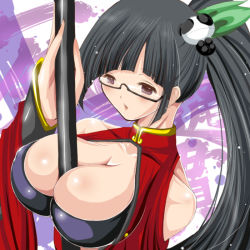Rule 34 | arc system works, between breasts, black hair, blazblue, blazblue: calamity trigger, blush, breasts, bursting breasts, china dress, chinese clothes, cleavage, dress, glasses, hair ornament, huge breasts, litchi faye ling, long hair, panda, ryukishi, sexually suggestive, staff, weapon