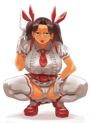 Rule 34 | 1girl, :3, brown hair, cigarette, gloves, hair ornament, hand up, highres, holding, holding cigarette, looking at viewer, mob face, narisokonai, necktie, original, panties, red footwear, shoes, short sleeves, smoking, solo, squatting, thick thighs, thighhighs, thighs, twintails, underwear, white background, white panties