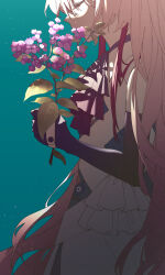 Rule 34 | 1girl, absurdres, aqua background, ascot, black gloves, chinese commentary, closed eyes, commentary request, dress, elbow gloves, flower, from side, gloves, grey hair, heliotrope (flower), highres, holding, holding flower, isekai joucho, kamitsubaki studio, leaf, light particles, long hair, multicolored hair, profile, purple flower, red hair, sleeveless, sleeveless dress, solo, two-tone hair, upper body, virtual youtuber, walluka