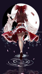 Rule 34 | 1girl, absurdres, bare shoulders, bow, brown footwear, brown hair, commentary request, detached sleeves, eye mask, fox mask, frilled skirt, frilled sleeves, frills, full body, hair bow, hakurei reimu, highres, holding, holding mask, long hair, long sleeves, mask, nontraditional miko, noyuki (3702), ofuda, petals, ponytail, red bow, red skirt, red vest, reflection, reflective water, ribbon-trimmed skirt, ribbon-trimmed sleeves, ribbon trim, shoe soles, skirt, solo, touhou, translation request, vest, walking, walking on liquid, white legwear, white sleeves, wide sleeves, yin yang