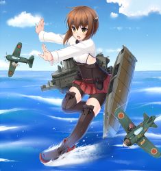 Rule 34 | 10s, 1girl, aircraft, airplane, bad id, bad pixiv id, bike shorts, brown eyes, brown hair, fairy (kancolle), headband, headgear, kantai collection, momiji7728, open mouth, personification, reppuu (kancolle), ryuusei (kancolle), short hair, skirt, solo, standing, standing on liquid, taihou (kancolle), thighhighs, water