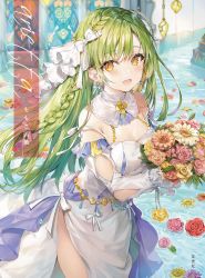Rule 34 | 1girl, :d, bouquet, bow, braid, breasts, cleavage, detached collar, detached sleeves, dress, earrings, floating hair, flower, green hair, hair bow, highres, holding, holding bouquet, jewelry, long hair, long sleeves, looking at viewer, medium breasts, momoko (momopoco), open mouth, original, pink flower, red flower, ribbon, ribbon-trimmed sleeves, ribbon trim, rose, side slit, single braid, smile, solo, standing, very long hair, white bow, white dress, white ribbon, white sleeves, yellow eyes, yellow flower