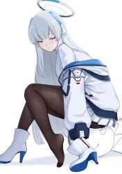 Rule 34 | 1boy, 1girl, absurdres, doodle sensei (blue archive), black pantyhose, blue archive, boots, grey hair, half-closed eyes, halo, headphones, high heel boots, high heels, highres, jacket, kuro (zhurunbo1997), long hair, long sleeves, noa (blue archive), pantyhose, pleated skirt, purple eyes, sensei (blue archive), shoes, simple background, single shoe, sitting, sitting on face, sitting on person, skirt, smile, white background, white footwear, white jacket, white skirt