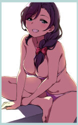 Rule 34 | 1girl, barefoot, bikini, bow, braid, braided ponytail, breasts, cleavage, clenched teeth, duke (inu daimyou), green eyes, grin, hair bow, large breasts, long hair, looking at viewer, love live!, love live! school idol project, pink bikini, purple hair, red bow, simple background, sitting, smile, solo, swimsuit, teeth, tojo nozomi, white background