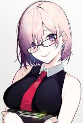 Rule 34 | 1girl, bare shoulders, black-framed eyewear, black dress, blush, breast lift, breasts, clipboard, closed mouth, collared dress, dress, fate/grand order, fate (series), glasses, head tilt, holding, kayahara, lips, mash kyrielight, medium breasts, necktie, pink hair, purple eyes, red necktie, shiny skin, short hair, simple background, sleeveless, sleeveless dress, smile, solo, white background