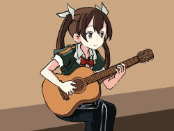 Rule 34 | 1girl, black thighhighs, brown background, brown hair, commentary, cowboy shot, english commentary, green shirt, guitar, hair ribbon, instrument, kantai collection, long hair, military, military uniform, one-hour drawing challenge, pelvic curtain, pun, ribbon, shirt, sitting, sixten, solo, thighhighs, tone (kancolle), tone kai ni (kancolle), twintails, uniform