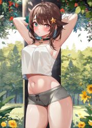 Rule 34 | 1girl, ahoge, armpits, arms behind head, arms up, bare arms, bare shoulders, black choker, braid, breasts, brown eyes, brown hair, camisole, choker, commission, cowboy shot, crop top, crop top overhang, day, docozi, drawstring, flower, green eyes, grey shorts, hair ornament, heterochromia, highres, indie virtual youtuber, looking at viewer, medium breasts, medium hair, meica (vtuber), micro shorts, midriff, navel, outdoors, shirt, shorts, skeb commission, sleeveless, sleeveless shirt, solo, spaghetti strap, standing, star (symbol), star hair ornament, stomach, sunflower, sweat, thighs, virtual youtuber, white shirt