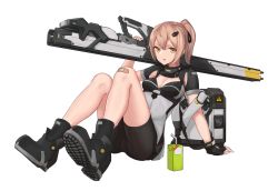 Rule 34 | 1girl, bandaid, bandaid on knee, bandaid on leg, bike shorts, breasts, brown eyes, brown hair, cancell, cleavage, fingerless gloves, gloves, hair ornament, hairclip, looking at viewer, magnetic weapon, medium breasts, original, ponytail, railgun, short hair, simple background, solo, transparent background