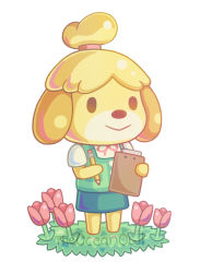Rule 34 | 1girl, animal crossing, clipboard, flower, isabelle (animal crossing), nintendo, pencil, simple background, smile, standing, theoceanowl, tulip, white background