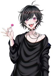 Rule 34 | 1boy, black hair, black shirt, candy, chain, choker, ear piercing, food, goth fashion, heart, heart-shaped pupils, highres, hz (666v), jewelry, lollipop, multiple rings, number tattoo, original, piercing, pinky ring, ring, shirt, symbol-shaped pupils, tattoo, tongue, tongue piercing, white background