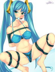 Rule 34 | 1girl, ball gag, barefoot, bdsm, blue eyes, blue hair, blush, bondage, bound, bra, breasts, cleavage, gag, handsofmidaz, large breasts, league of legends, long hair, looking at viewer, matching hair/eyes, panties, restrained, shibari, solo, sona (league of legends), twintails, underwear, underwear only
