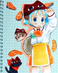 Rule 34 | aioi yuuko, animal ears, apron, bow, cat ears, highres, naganohara mio, nichijou, sakamoto (nichijou), salmon, waist apron, waitress