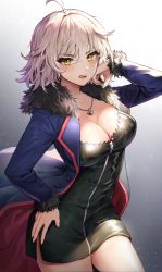 Rule 34 | 1girl, black dress, blue coat, blush, breasts, cleavage, coat, dress, fate/grand order, fate (series), fur-trimmed coat, fur trim, highres, jeanne d&#039;arc (fate), jeanne d&#039;arc alter (fate), jeanne d&#039;arc alter (ver. shinjuku 1999) (fate), large breasts, lerome, long sleeves, looking at viewer, official alternate costume, open mouth, revision, short dress, short hair, silver hair, solo, wavy mouth, wicked dragon witch ver. shinjuku 1999, yellow eyes