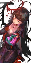 Rule 34 | 1girl, black footwear, black hair, black nails, black shirt, black skirt, blue archive, boots, breasts, cleavage, envelope, halo, heart, highres, holding, holding envelope, long hair, long sleeves, looking at viewer, mknnkm2, nail polish, red eyes, school uniform, shirt, simple background, skirt, solo, transparent background, tsurugi (blue archive), white background, wings