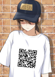 Rule 34 | 1girl, baseball cap, black hat, blush, brown hair, circle name, closed mouth, diisuke, drop shadow, embarrassed, hat, hat over one eye, long hair, one eye covered, original, ponytail, qr code, shirt, short sleeves, solo, upper body, wall, white shirt