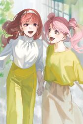 Rule 34 | 2girls, :d, brown eyes, brown skirt, celica (fire emblem), double bun, earrings, fire emblem, fire emblem echoes: shadows of valentia, floating hair, hair behind ear, hair bun, hairband, highres, holding hands, jewelry, long hair, looking at another, mae (fire emblem), multiple girls, nintendo, open mouth, pants, pink hair, red hair, shirt, shirt tucked in, skirt, smile, twintails, white hairband, white shirt, yama0109, yellow pants, yellow shirt