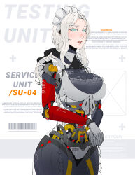 Rule 34 | 1girl, android, barcode, black neckerchief, blue eyes, bow, detached collar, english text, frills, gen 1 pokemon, gloves, hair bow, highres, koyorin, lips, maid, maid headdress, mechanical arms, mechanical legs, mechanical parts, medium hair, neckerchief, original, parted lips, ponyta, red pupils, see-through, sidelocks, sign, warning sign, white gloves, white hair