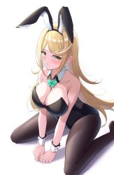 Rule 34 | 1girl, :t, absurdres, animal ears, bare shoulders, black headwear, black leotard, black pantyhose, blonde hair, bow, bowtie, breasts, detached collar, fake animal ears, green bow, green bowtie, hands on floor, highres, large breasts, leotard, long hair, mythra (xenoblade), no shoes, okazu2010015, pantyhose, playboy bunny, pout, rabbit ears, sitting, solo, strapless, strapless leotard, swept bangs, very long hair, wariza, wrist cuffs, xenoblade chronicles (series), xenoblade chronicles 2, yellow eyes