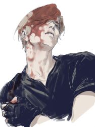 Rule 34 | 1boy, absurdres, black gloves, black shirt, blonde hair, blood, blood in hair, blood on face, blue eyes, closed mouth, fingerless gloves, gloves, hair over one eye, hand on own shoulder, highres, jianghesongmu, leon s. kennedy, looking up, male focus, parted bangs, resident evil, resident evil 2, resident evil 2 (remake), shirt, short hair, short sleeves, sketch, solo, upper body, white background