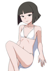 Rule 34 | 1girl, arm support, armpit crease, bare shoulders, bikini, black eyes, black hair, blunt bangs, blunt ends, breasts, closed mouth, collarbone, feet out of frame, leg up, little witch academia, looking at viewer, navel, satochi, shao-yi, short hair, simple background, sitting, small breasts, smile, solo, swimsuit, tsurime, white background, white bikini