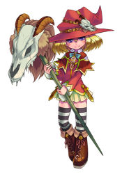 Rule 34 | 1girl, animal skull, belt, blonde hair, blush, boots, child, hat, horns, kenkou cross, lowres, monster girl, monster girl encyclopedia, purple eyes, simple background, skirt, skull, smile, solo, staff, standing, striped clothes, striped thighhighs, thighhighs, white background, witch, witch (monster girl encyclopedia), witch hat, zettai ryouiki