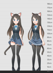 Rule 34 | 1girl, absurdres, aina (mao lian), animal ear fluff, animal ears, bare shoulders, black footwear, black thighhighs, black vest, blue eyes, blue ribbon, blue skirt, blush, brown hair, cat ears, cat tail, closed mouth, collared shirt, height chart, highres, long hair, looking at viewer, mao lian (nekokao), miniskirt, multiple views, neck ribbon, open mouth, original, parted lips, pigeon-toed, ribbon, shirt, shoes, skirt, sleeveless, sleeveless shirt, smile, tail, thighhighs, vest, white shirt, wing collar, zettai ryouiki