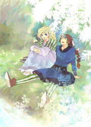 Rule 34 | 1boy, 1girl, blonde hair, blue eyes, blue robe, blush, braid, braided ponytail, brown footwear, brown hair, couple, dress, final fantasy, final fantasy iv, final fantasy iv: the after years, frilled dress, frills, grass, green leggings, green scarf, hair ornament, hugging own legs, leaf, leggings, leonora, long hair, looking at another, nature, open mouth, palom, riverbank, robe, satoo, scarf, sitting, smile, stream, striped clothes, striped scarf, talking, tree, two-tone leggings, two-tone scarf, vertical-striped clothes, vertical-striped leggings, vertical-striped scarf, white dress, white footwear, yellow leggings, yellow scarf