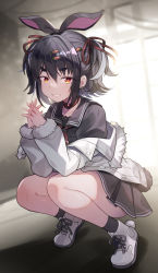 Rule 34 | 1girl, alternate hair color, black hair, black sailor collar, black serafuku, black shirt, black skirt, black socks, carrot hair ornament, choker, food-themed hair ornament, full body, grin, hair between eyes, hair ornament, hair ribbon, highres, hololive, jacket, looking at viewer, matsumoto tomoyohi, multicolored hair, off shoulder, open clothes, open jacket, pleated skirt, rabbit tail, red choker, red eyes, red ribbon, ribbon, sailor collar, school uniform, serafuku, shirt, shoes, skirt, smile, socks, solo, squatting, streaked hair, tail, thick eyebrows, two side up, usada pekora, virtual youtuber, white footwear, white hair, white jacket