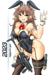 Rule 34 | 1girl, 2023, absurdres, animal ears, b&amp;t mp9, black leotard, bow, bowtie, breasts, brown eyes, covered navel, detached collar, fake animal ears, gloves, gradient background, gun, h&amp;k mp7, highres, leotard, long hair, magazine (weapon), medium breasts, mikeran (mikelan), open mouth, original, personal defense weapon, playboy bunny, rabbit ears, rabbit tail, smile, solo, strapless, strapless leotard, submachine gun, tail, thighhighs, traditional bowtie, vertical foregrip, weapon, white background, white gloves, wrist cuffs