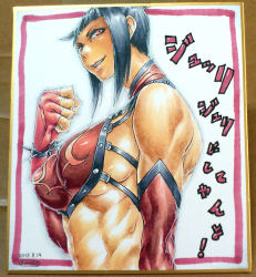 Rule 34 | 1girl, abs, alternate color, bare shoulders, black hair, bracelet, breasts, capcom, clenched hand, dated, detached sleeves, elbow gloves, fingerless gloves, gloves, grin, halterneck, halterneck, han juri, jewelry, large breasts, lips, marker (medium), muscular, photo (medium), purple eyes, sawao, shikishi, sideboob, smile, solo, spiked bracelet, spikes, street fighter, street fighter iv (series), traditional media, translation request