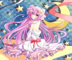 1girl back bare_shoulders blush checkered_background clothes_pull crescent ehimedaisuki female_focus hat highres long_hair looking_back open_mouth patchouli_knowledge pink_eyes pink_hair purple_eyes purple_hair ribbon shirt_pull sitting skirt solo star_(symbol) grid_background touhou undressing very_long_hair warabi_mochi_(ehimedaisuki)