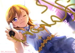 Rule 34 | 1girl, blush, commentary, from below, hair ornament, hajimari wa kimi no sora, hand on own hip, highres, holding, holding marker, looking at viewer, love live!, love live! superstar!!, marker, medium hair, musashiya chougenbou, one eye closed, orange hair, purple eyes, shibuya kanon, smile, solo, sweat, twitter username, upper body, writing, drawing on fourth wall