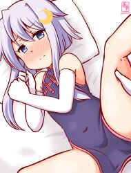 Rule 34 | 1girl, 1other, alternate costume, artist logo, bed, blue eyes, blush, china dress, chinese clothes, covered navel, dated, dress, flat chest, gloves, kanon (kurogane knights), kantai collection, lying, nose blush, pillow, purple dress, purple hair, short hair with long locks, spread legs, white gloves, yayoi (kancolle)