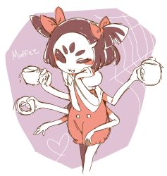 Rule 34 | 1girl, :3, :d, amazakura, black eyes, black hair, blush, bow, character name, cheek press, cup, doughnut, drink, extra arms, extra eyes, fangs, food, hair bow, hand on own face, heart, holding, holding cup, holding food, arthropod girl, muffet, open mouth, puffy short sleeves, puffy sleeves, red bow, short hair, short sleeves, silk, simple background, smile, solo, spider girl, spider web, teacup, text focus, two side up, undertale, unitard, white background