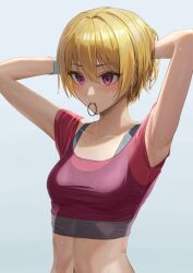 Rule 34 | 1girl, absurdres, ano (gccx8784), armpits, arms up, blonde hair, blush, breasts, collarbone, crop top, grey sports bra, highres, idolmaster, idolmaster shiny colors, looking at viewer, mouth hold, navel, pink eyes, pink shirt, rubber band, saijo juri, shirt, short hair, simple background, small breasts, solo, sports bra, sweatdrop, white background, wristband