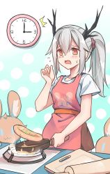 Rule 34 | 1girl, animal print, antlers, apron, aqua background, arknights, black hairband, blush, breasts, brown skirt, chinese commentary, clock, commentary request, cowboy shot, flying sweatdrops, food, frying pan, hairband, highres, holding, holding frying pan, horns, hypergryph (arknights), jacket, long hair, pancake, pink apron, polka dot, polka dot background, ponytail, rabbit, shirt, short sleeves, silver hair, skirt, small breasts, solo, stuffed animal, stuffed rabbit, stuffed toy, white shirt, xjx, yellow eyes