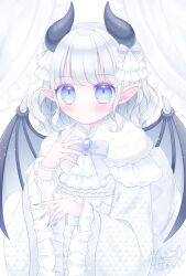 Rule 34 | 1girl, blue bow, blue eyes, blue nails, blush, bow, brooch, capelet, chinese zodiac, closed mouth, commentary request, curtains, dragon girl, dragon horns, dragon wings, dress, fingernails, frilled sleeves, frills, grey hair, grey wings, hands up, highres, himetsuki luna, horns, jewelry, long fingernails, long sleeves, looking at viewer, original, pointy ears, sharp fingernails, solo, twitter username, white capelet, white dress, wide sleeves, wings, year of the dragon