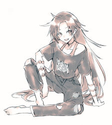 Rule 34 | 1girl, alternate costume, arm support, barefoot, choker, clothes writing, collarbone, contemporary, denim, full body, himemushi momoyo, hisona (suaritesumi), jeans, long hair, looking at viewer, open mouth, pants, shirt, sitting, smile, solo, torn clothes, torn jeans, torn pants, touhou, very long hair