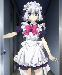 Rule 34 | 10s, 1girl, date a live, dress, frills, garter straps, hair ornament, looking at viewer, maid, short hair, solo, standing, tagme, tobiichi origami, white hair