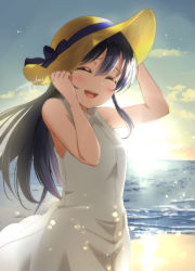 Rule 34 | 1girl, absurdres, amamiya (re-amamiya), amamiya draw, arms up, beach, blue hair, blush, commentary request, day, dress, hands on headwear, hat, highres, long hair, looking at viewer, love live!, love live! school idol project, open mouth, sleeveless, sleeveless dress, smile, solo, sonoda umi, straw hat, sun hat, sundress, swept bangs, white dress