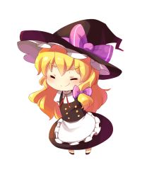 Rule 34 | 1girl, arms behind back, blonde hair, blueberry (5959), bow, chibi, closed eyes, dress, female focus, hair bow, hat, kirisame marisa, long hair, ribbon, simple background, smile, solo, touhou, witch, witch hat